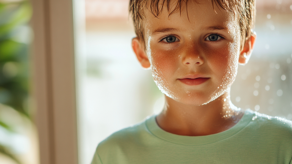 Portrait of a boy sweating on a window sill