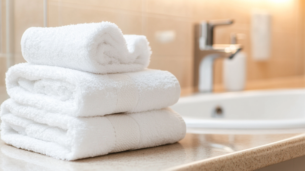 White towels piled on the bathroom counter
