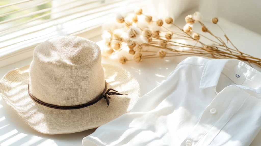 Still life photo of a white shirt, straw hat, and cotton ornament on a window sill