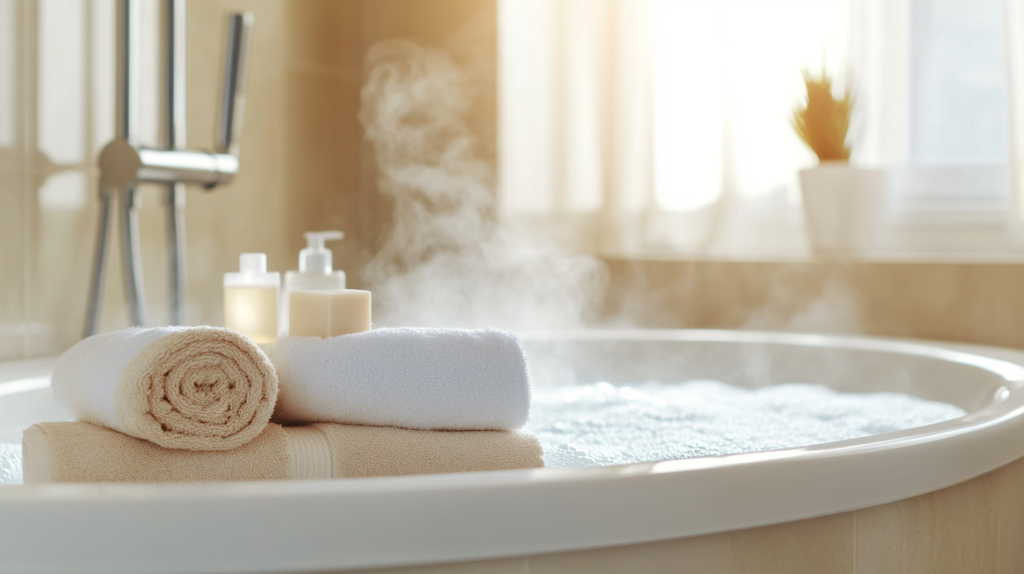 Steamy bathtub with towels and bottles