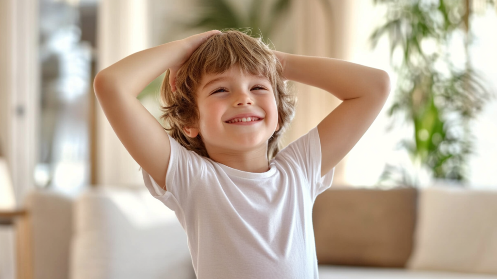 A child who smiles and puts his hands behind his head