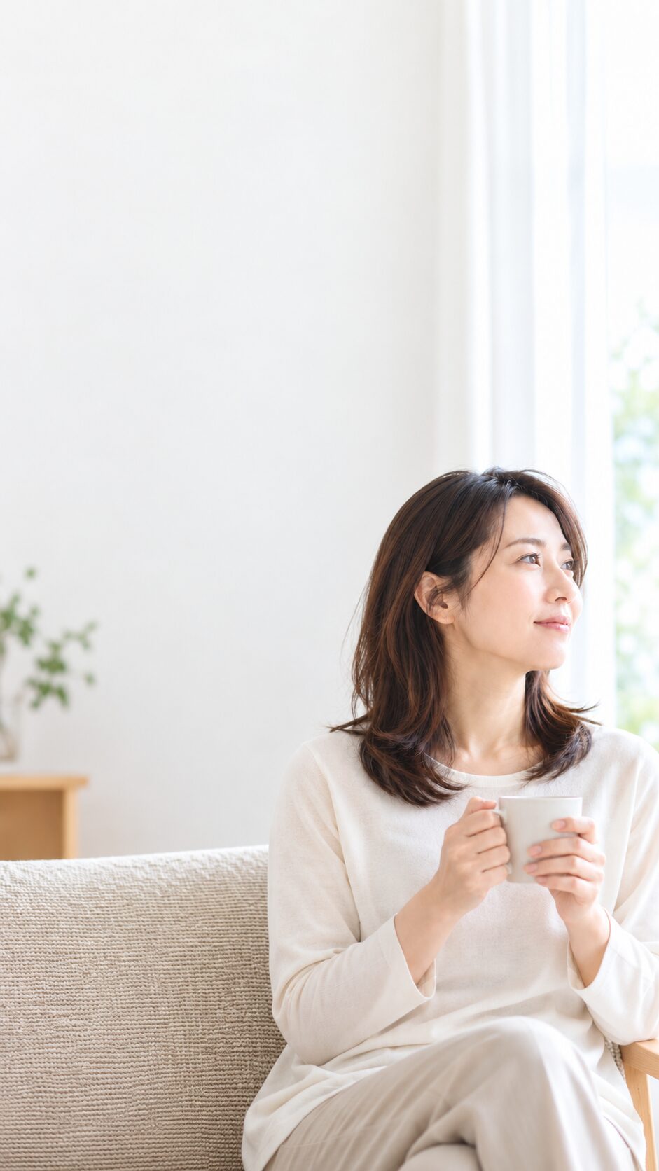 窓辺のソファに座り、マグカップを両手で持って外を見ている女性