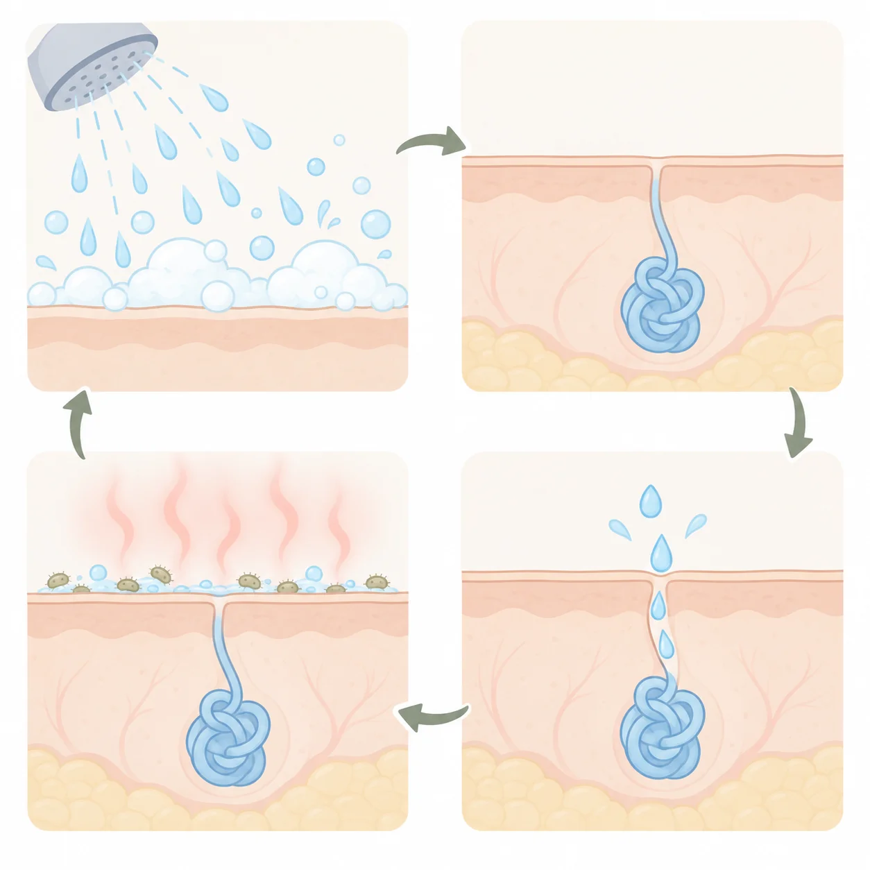 洗っても戻る流れの図。シャワーで洗う、表面はきれいになるが皮膚の中の汗腺は残る、汗腺から新しい汗が出る、常在菌が戻ってにおいが出る、の4コマが輪になっている