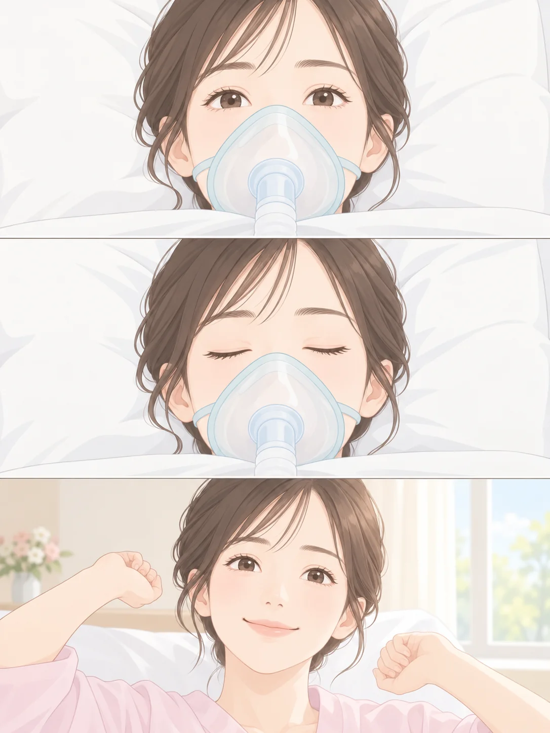 マスク麻酔の3コマのイラスト。マスクを当てる、眠る、目が覚めて伸びをする