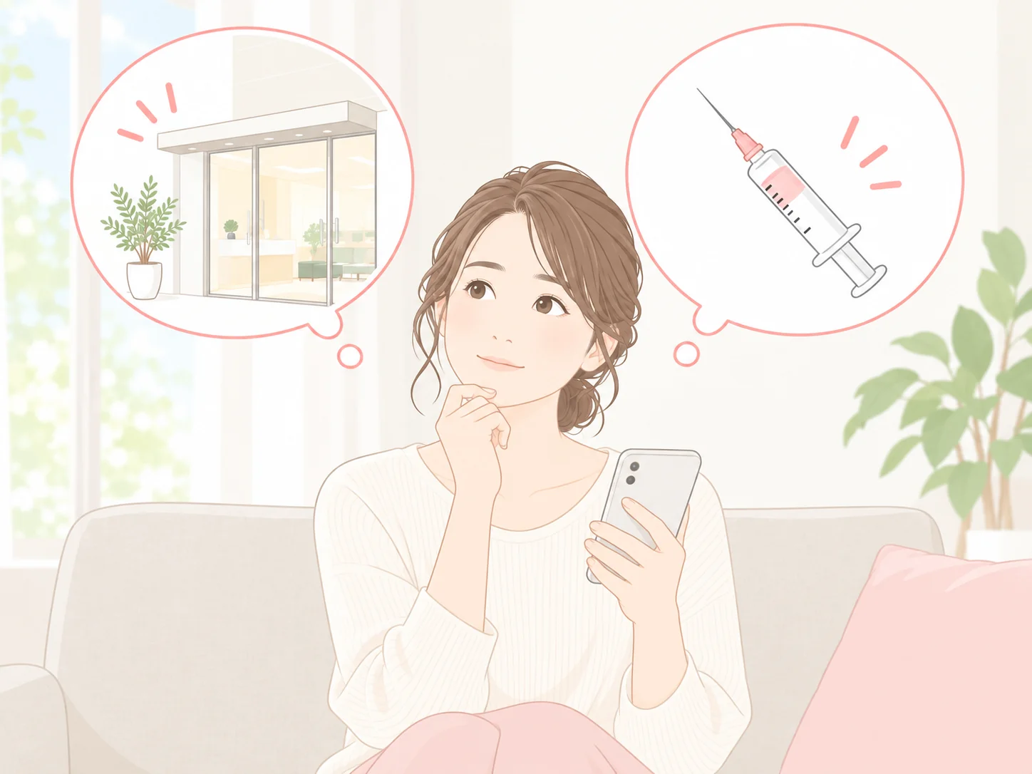 クリニックの入口と注射器を思い浮かべながら、自宅のソファで迷っている女性のイラスト