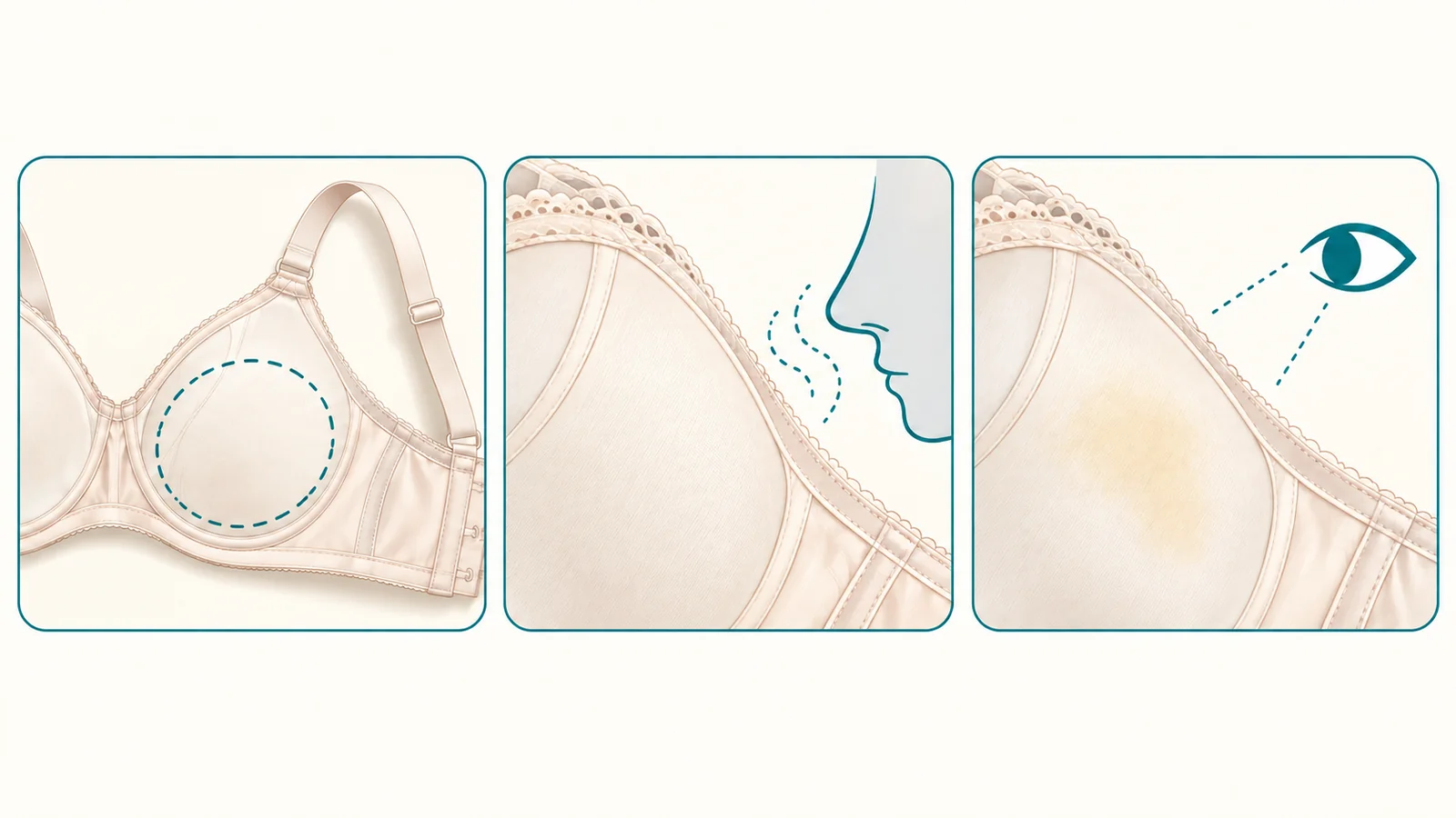 ブラジャーのカップの乳首が当たる部分を、においと黄ばみで確認する3コマの図