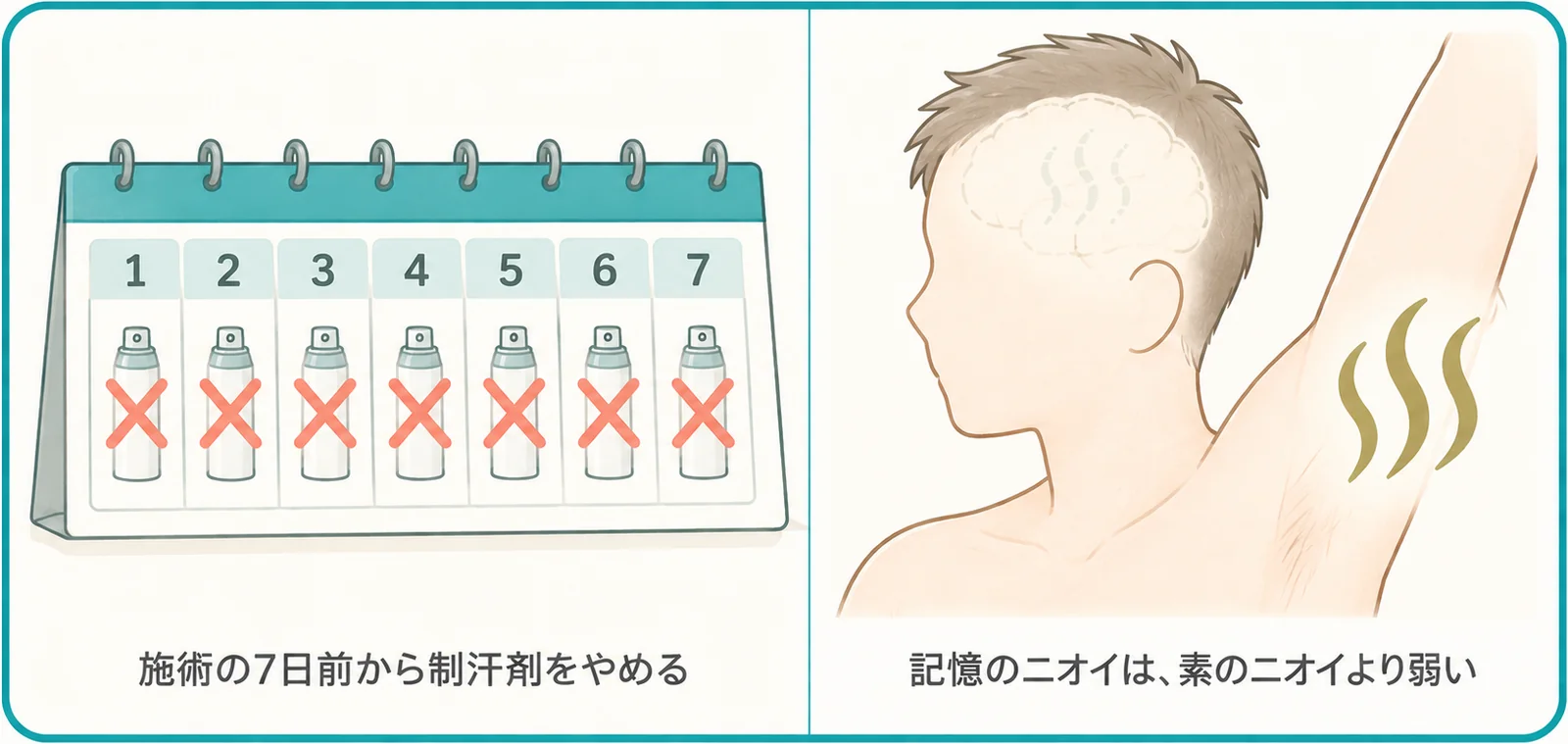 施術の7日前から制汗剤をやめるカレンダーと、記憶のニオイが素のニオイより弱いことを示す図