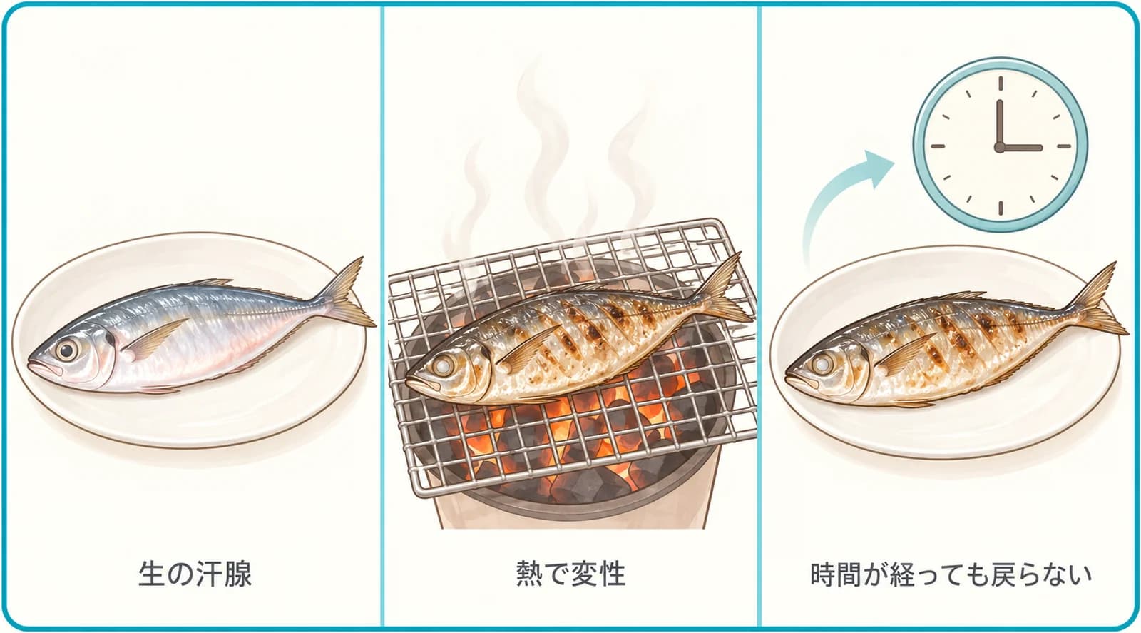 生の魚が焼かれ、時間が経っても生に戻らないことで、熱で変性した汗腺が戻らないことを表す3コマの図