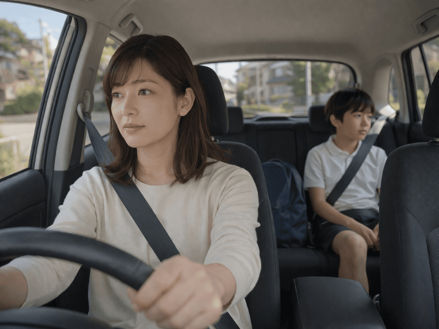 親が学校帰りや運動後の車内で子どもの様子を静かに気にかけている guide image